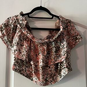 Express Floral Ruffle Off-Shoulder Crop Top - Pink & Olive